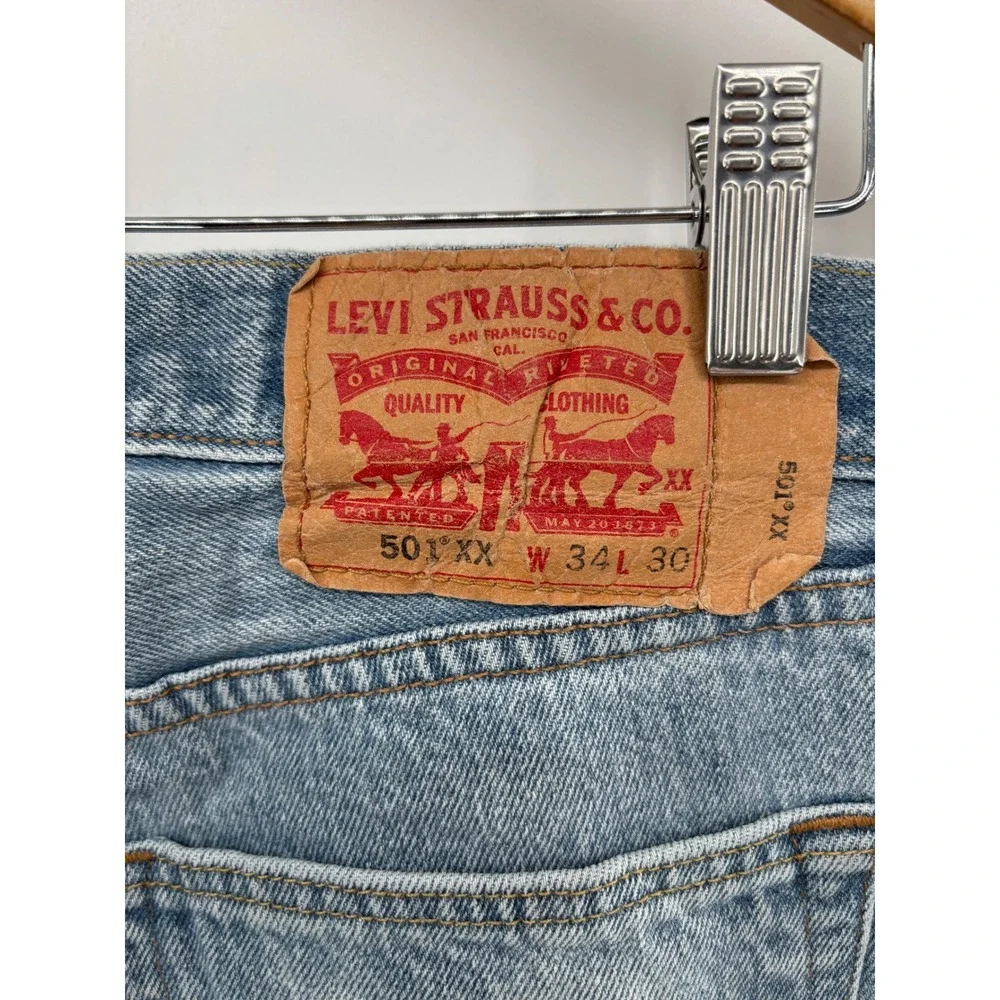 Levis 501XX Mens 34x30 Jeans Y2K  Light Distressed Blue Workwear Faded Denim